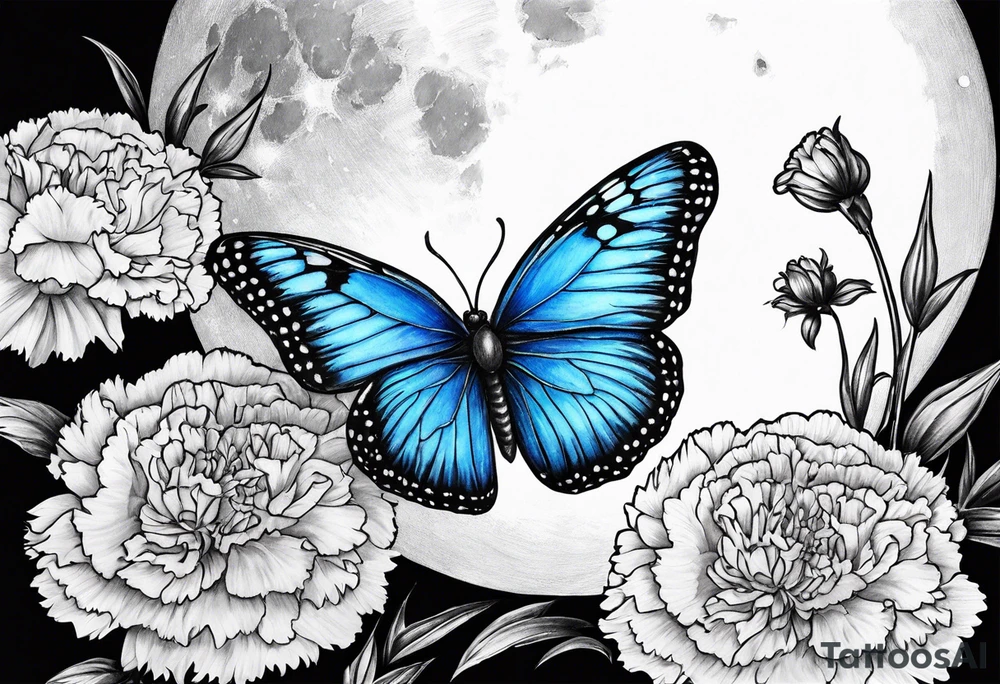 Blue butterfly moon carnations tattoo idea