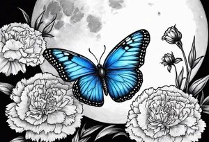 Blue butterfly moon carnations tattoo idea
