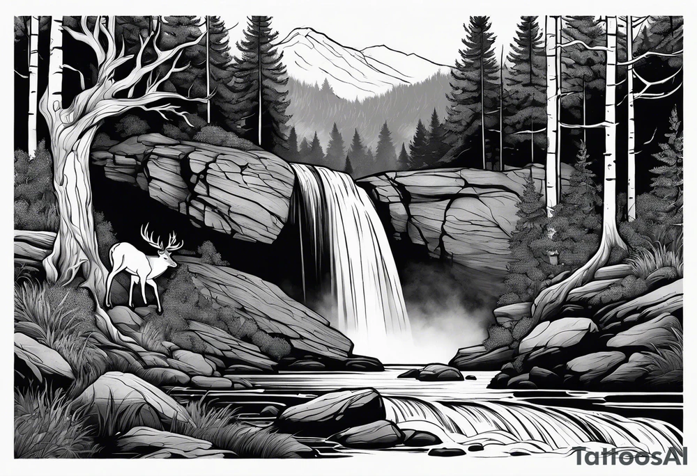 Water fall in a forest with a deer tattoo idea