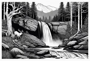 Water fall in a forest with a deer tattoo idea