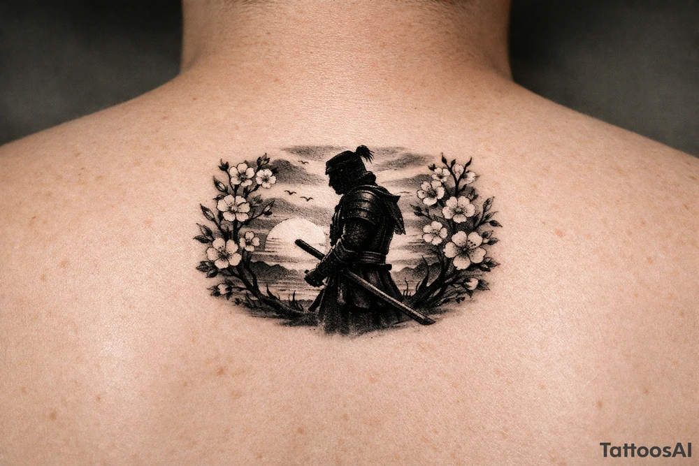 noble samurai warrior silhouette at sunset with cherry blossoms tattoo idea