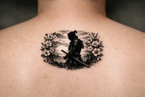 noble samurai warrior silhouette at sunset with cherry blossoms tattoo idea