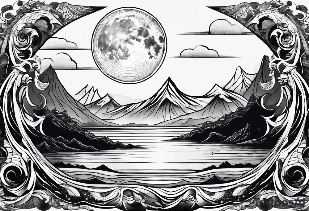 A moon that Drips at the bottom Surrounded by Mountains and waves. tattoo idea