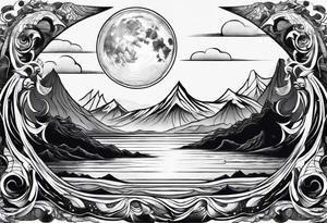 A moon that Drips at the bottom Surrounded by Mountains and waves. tattoo idea