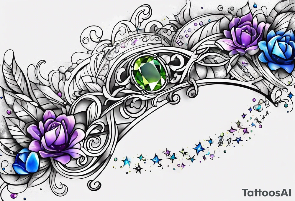 Delicate but strong garter tattoo band with sprinkles of stars and a amethyst, blue sapphire and peridot birthstone tattoo idea
