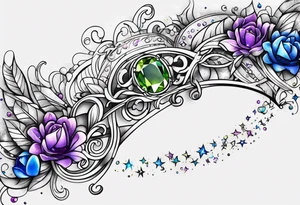 Delicate but strong garter tattoo band with sprinkles of stars and a amethyst, blue sapphire and peridot birthstone tattoo idea