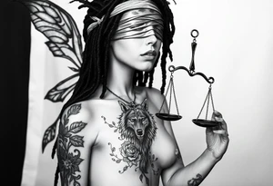 Black Sylph with dreads wearing blind fold and ankh cross pendant with tattoos holding weighing scales with the rose vines surrounding and grey wolf tattoo idea