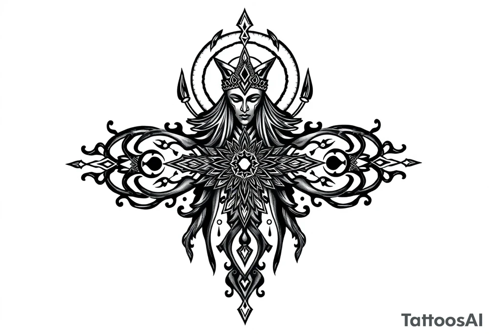 mystical dark and long ornament with shaman and witch mytolog and ancient rhyme tattoo idea