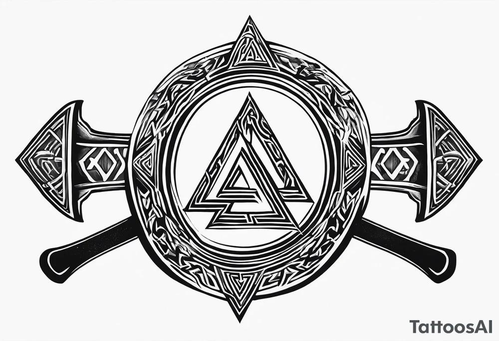 Valhalla sword shield axe Valknut fog tattoo idea