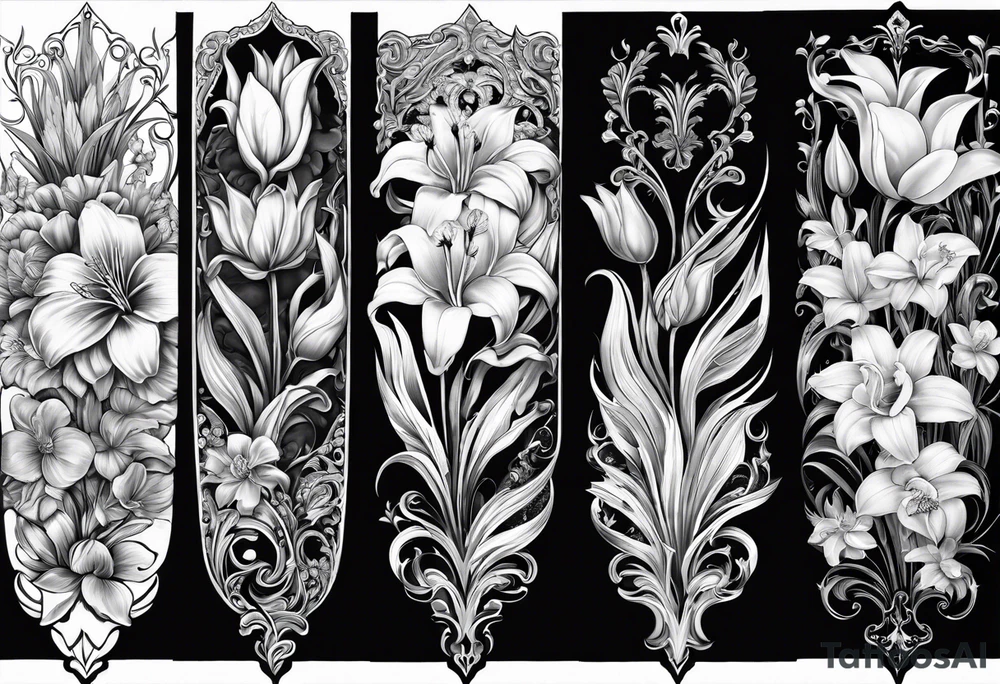 Vertical floral arm sleeve with wheat and dragonflower and florals and tulips lilly orchid, Queen-of-the-Night tattoo idea