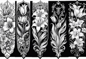 Vertical floral arm sleeve with wheat and dragonflower and florals and tulips lilly orchid, Queen-of-the-Night tattoo idea