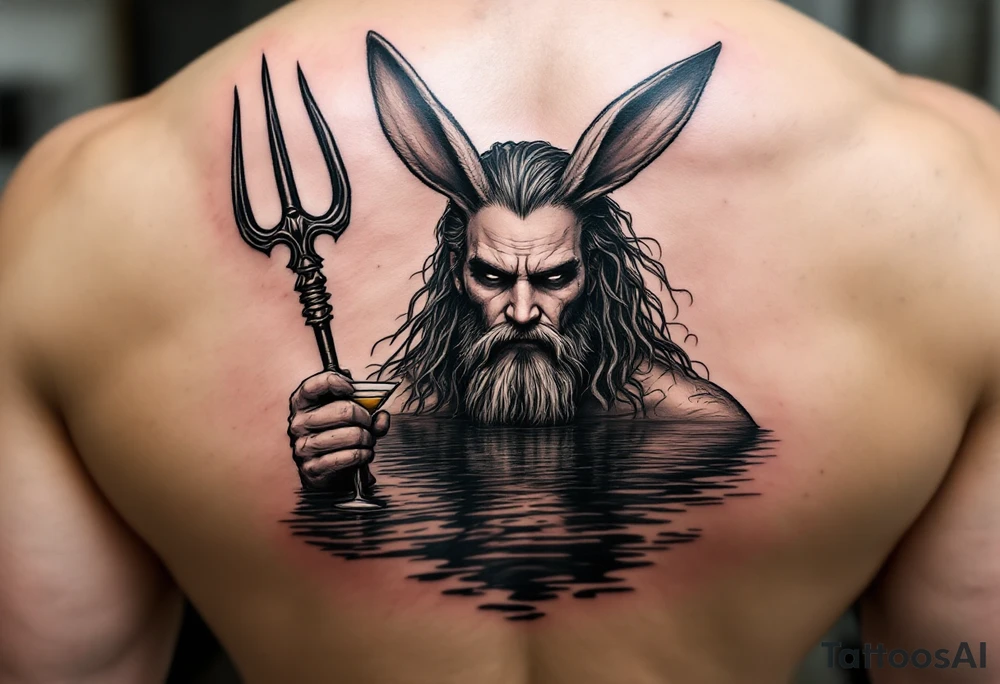 poseidon with trident half way in calm water with a martini and bunny ears tattoo idea