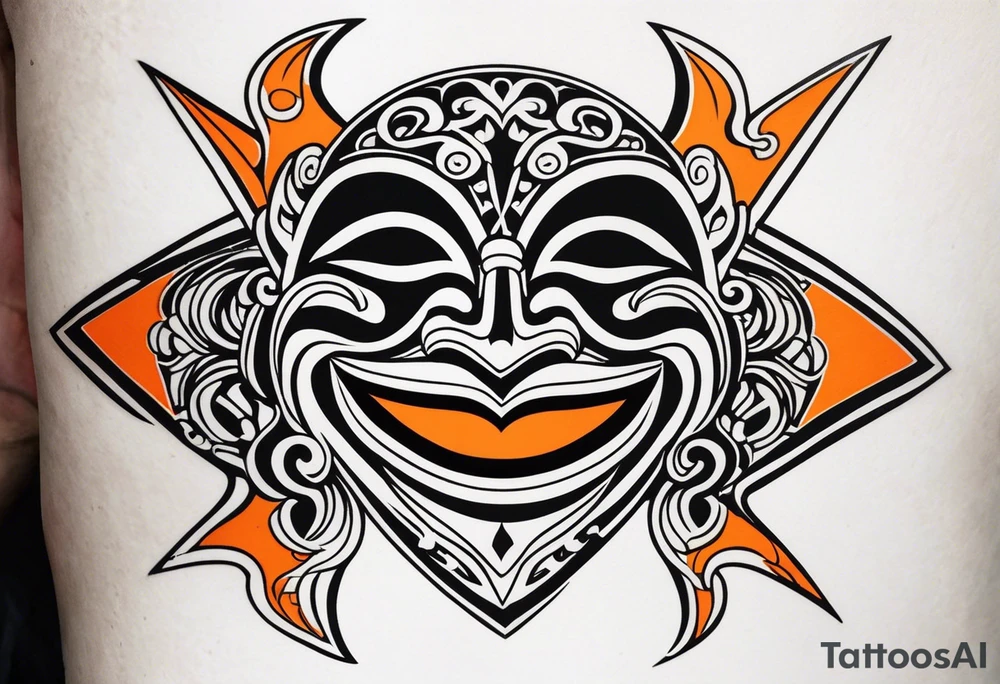 Laughing mask that is orange and black tattoo idea