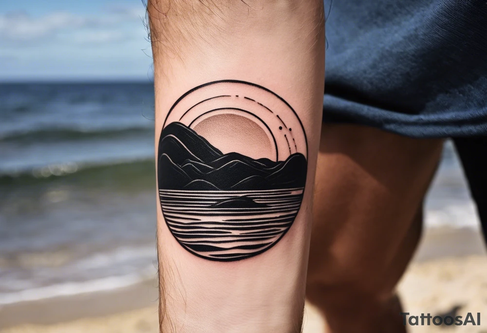 This is an extremely simple and minimalistic tattoo on male forearm. It has no color. The tattoo is flipped 180 degrees and covers the forearm lengthwise and is not tall and not round. From the perspective of being on the ocean, Water is calm, with no waves in sight, the sun is setting behind the ocean, reflecting light onto the ocean. tattoo idea