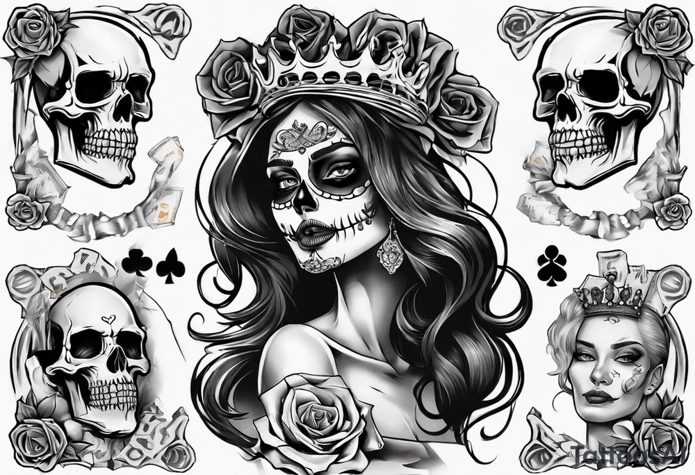 santa la muerta with money and crown
on the card tattoo idea