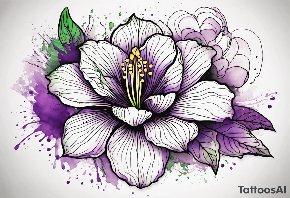 An outline of a rio dipladenia flower with a mystical green/purple watercolor splash in the background tattoo idea