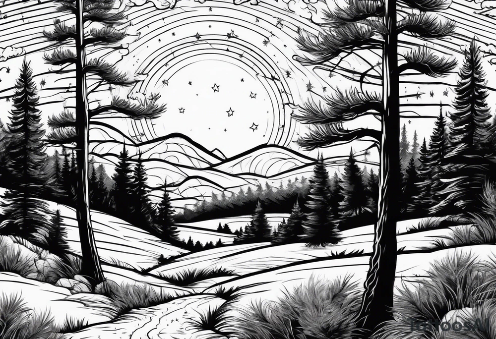 pine trees with stars in the sky tattoo idea