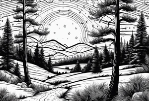 pine trees with stars in the sky tattoo idea