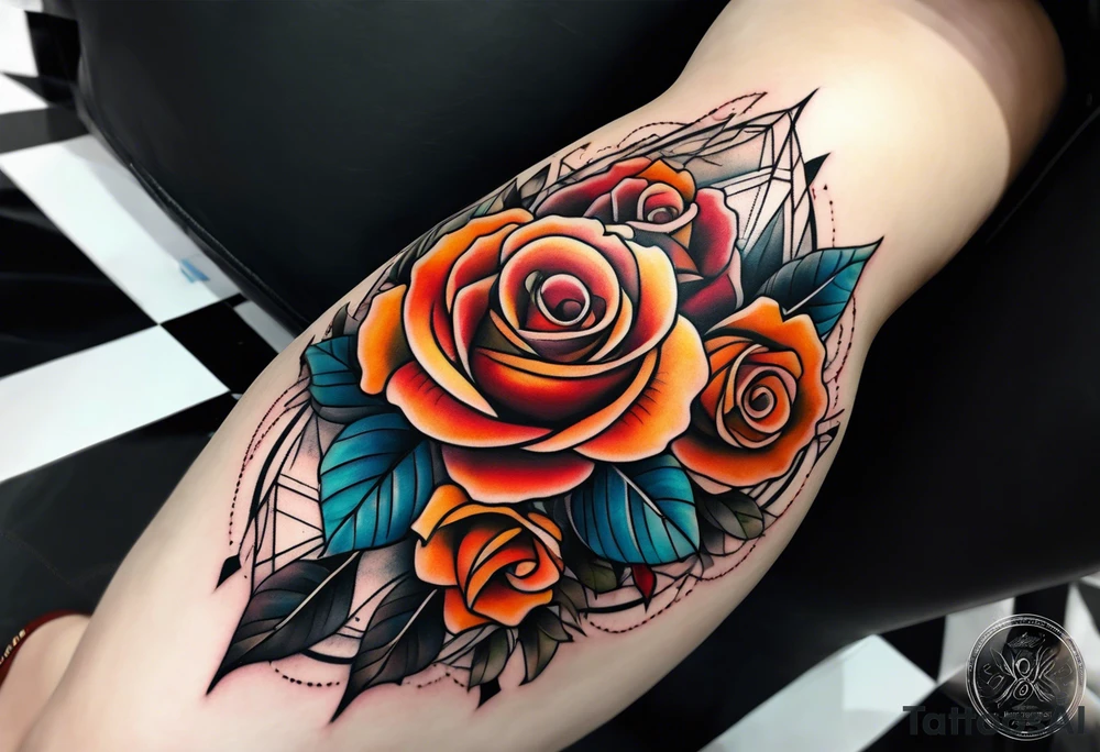 knee tattoo with geometry, roses and swirl washes in background in fall colors tattoo idea