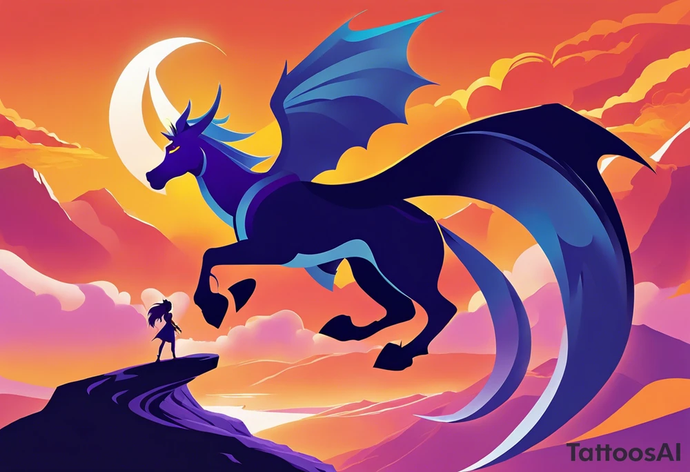 consider a dynamic scene featuring Nike from the Bella Sara trading cards as a majestic figure with flowing hair and armor. Incorporate elements from Spyro the Dragon, like his iconic wings and fiery breath, intertwining with Nike's movement. You could have Nike standing on a cliff with Spyro flying overhead, surrounded by ethereal landscapes reminiscent of both worlds. This combination would create a powerful and whimsical design, blending strength with fantasy. tattoo idea