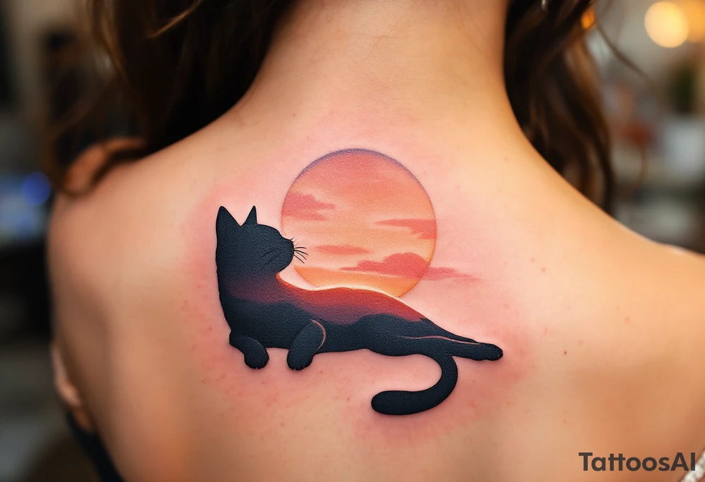 Sunset Cat Silhouette – A lounging cat shape filled with a smooth gradient of orange, coral, and dusky pink like a sunset sky. tattoo idea