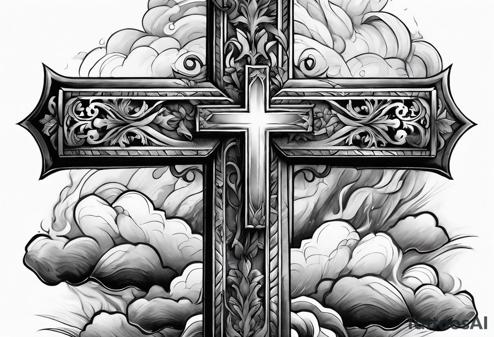 cross with smoke behind it in a storm tattoo idea