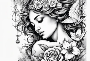crying angel with hair convering face on swing with rose, lily daffodil, daisy, carnation narcissus and hummingbird tattoo idea