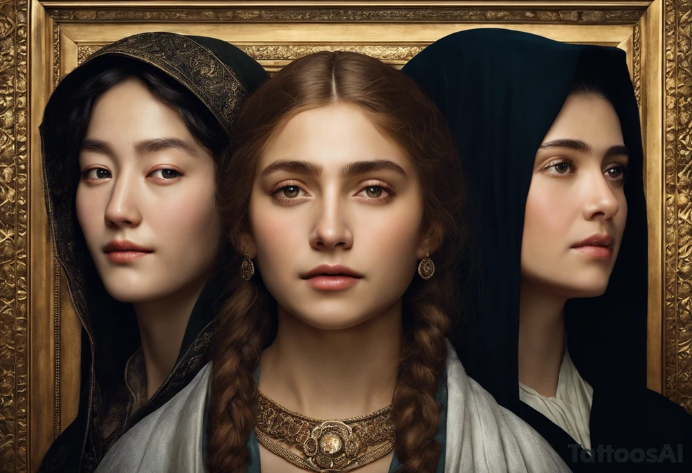 Three women's faces next to each other. The woman on the left is still a girl about 13 years old, the woman in the middle is about 40 years old and the one on the right is about 75 years old. The woman in the middle is looking at the bearer. The other two are looking at the woman in the middle. The tattoo is shaded on the chest of a man in black and white tattoo idea