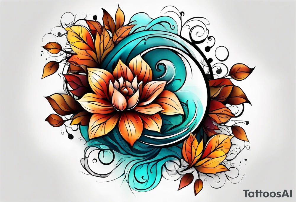 Knee tattoo in fall colors with water flow washes tattoo idea
