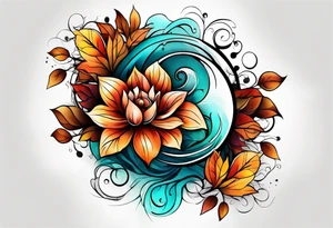 Knee tattoo in fall colors with water flow washes tattoo idea