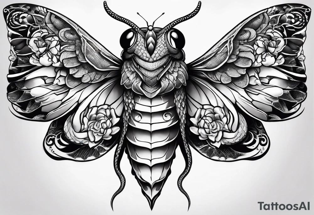 snake head wings on moth tattoo idea