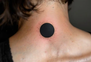 A solid black circle surrounded by a thin halo of gold dust speckles. tattoo idea