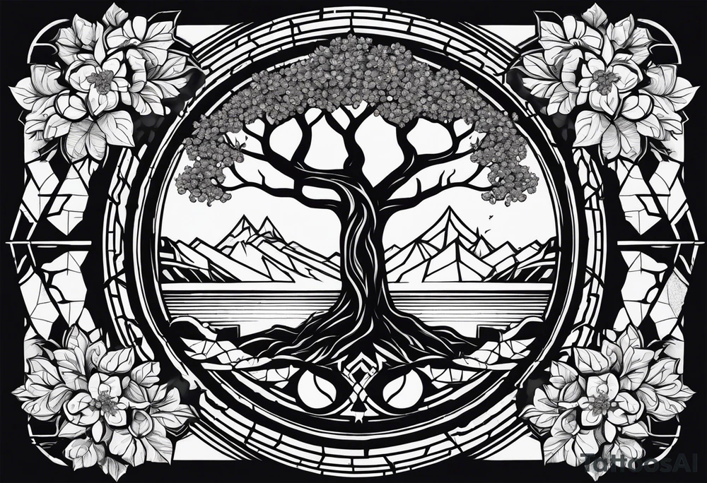 yggdrasil, five or six cherry tree flower on the upper left, the logo of tommorowland, and on the background a geometrical shape tattoo idea