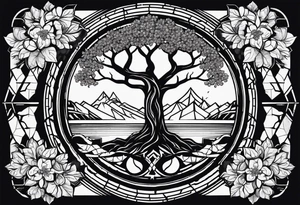 yggdrasil, five or six cherry tree flower on the upper left, the logo of tommorowland, and on the background a geometrical shape tattoo idea