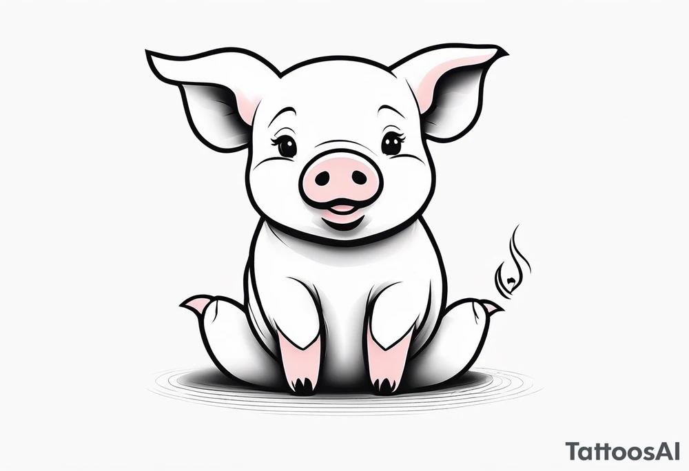cute piglet sitting on bum. thin lines minimal shading, black and white only, text 'friends not food', white background tattoo idea