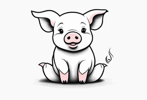 cute piglet sitting on bum. thin lines minimal shading, black and white only, text 'friends not food', white background tattoo idea