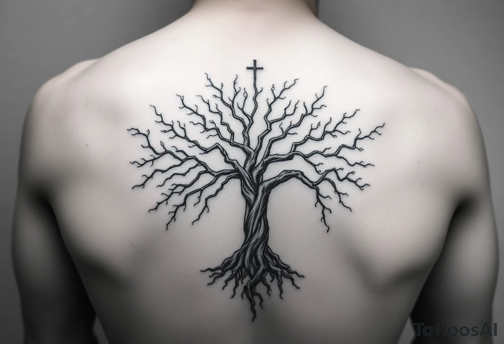 mystical tree of life with cosmic roots and celestial branches tattoo idea
