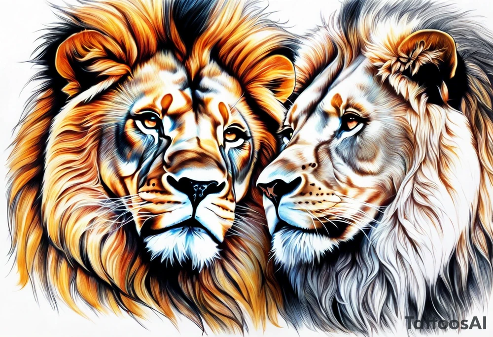 Realistic lion and lioness 
bonding tattoo idea