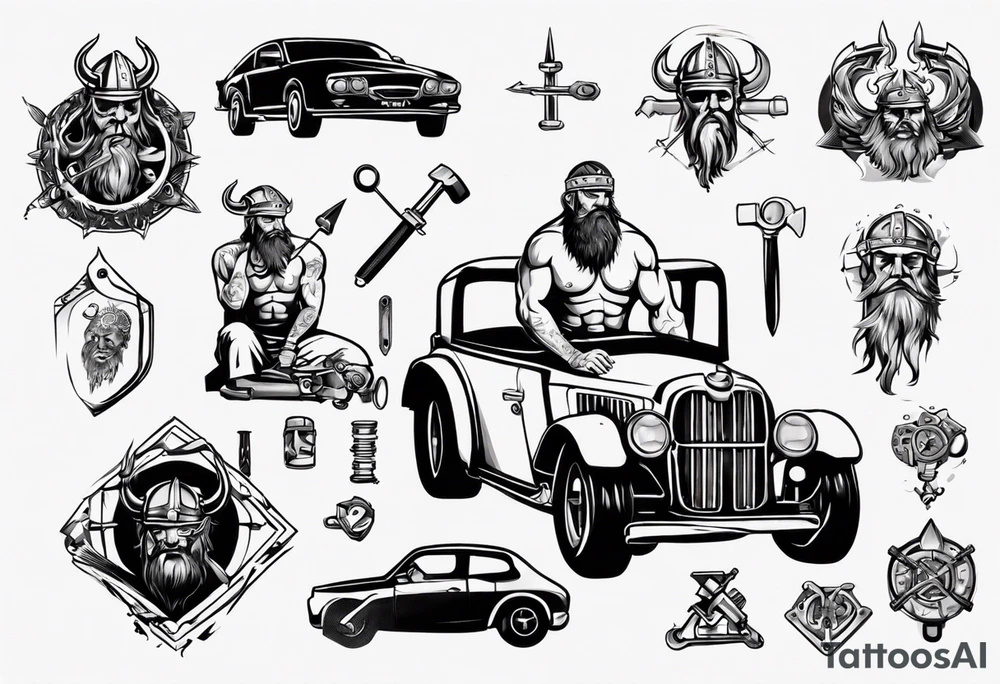 Viking mechanic fixing a car tattoo idea