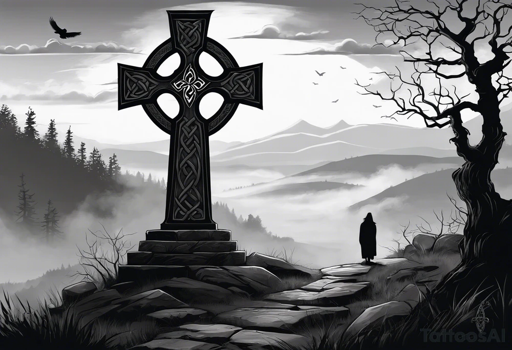 A stone Celtic cross solemnly standing atop a hill, a raven perches atop the cross in mourning. A ruined stone wall lies crumbling near the cross. Mist rolls along the hilltops adding to the melancholic nature of the scene tattoo idea