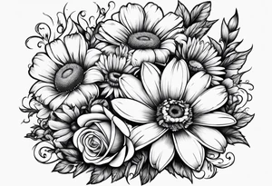 Boquet of daisys and roses with a flame surrounding them tattoo idea