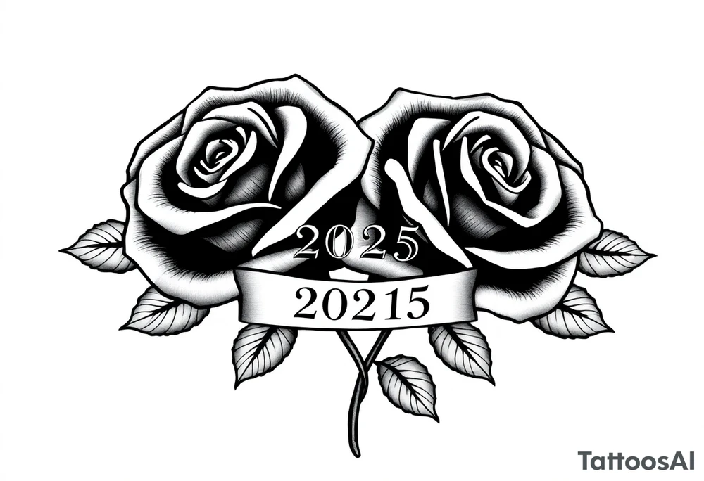 two beautiful roses intertwined, with "2025" written between them tattoo idea
