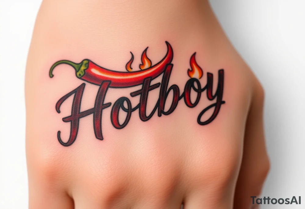 Chili pepper and fire lettering says Hotboy tattoo idea