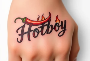 Chili pepper and fire lettering says Hotboy tattoo idea