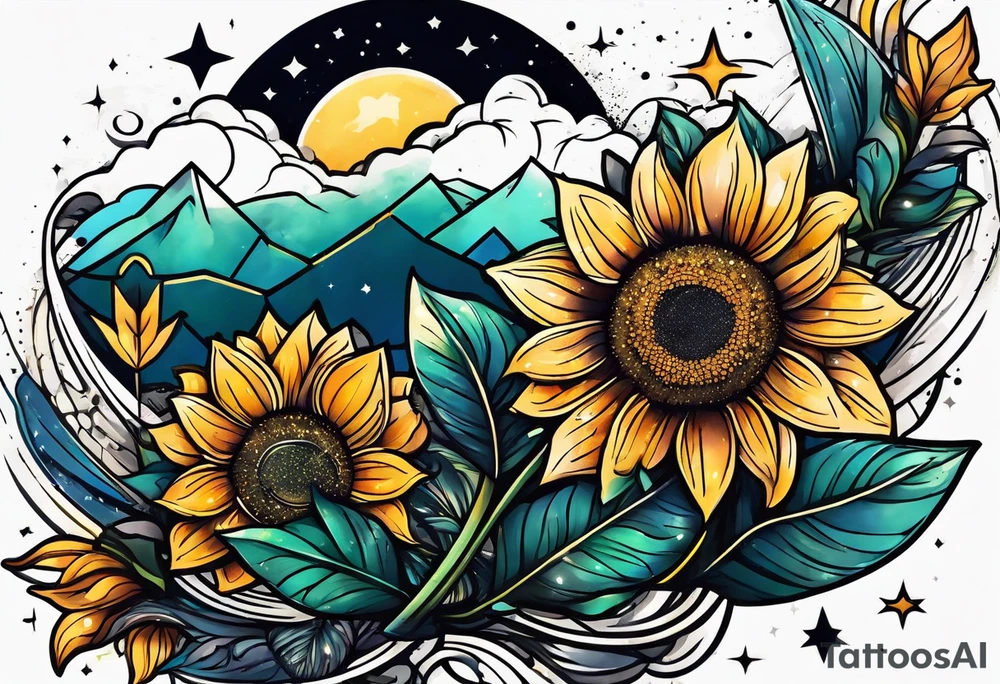 elegant tattoo with a small sunflower surrounded by cosmic stars and arrow tattoo idea