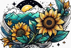 elegant tattoo with a small sunflower surrounded by cosmic stars and arrow tattoo idea