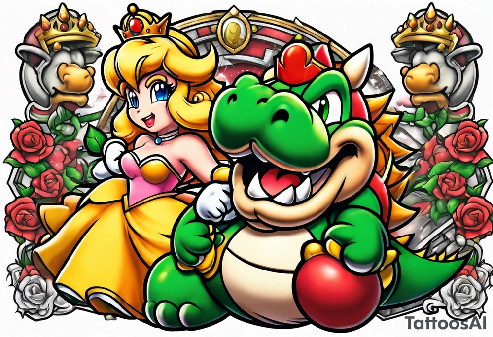 tattoo with bowser holding Mario and Luigi severed heads with princess peach by bowsers side tattoo idea