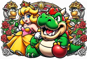 tattoo with bowser holding Mario and Luigi severed heads with princess peach by bowsers side tattoo idea