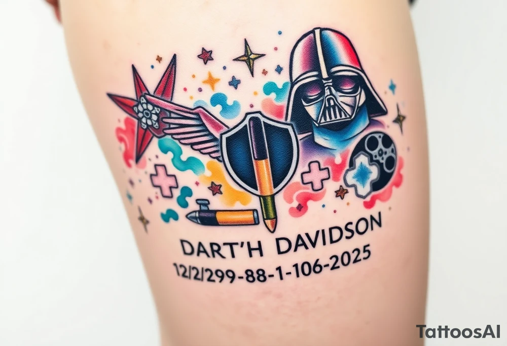 colorful futuristic memory tattoo for passed boyfriend;, star wars, Harley Davidson, skateboarding, puzzle pieces, video games, heaven, god, outdoors, 9mm bullet, words MEMENTO MORI & DARTH CARTER 12/29/88-01/06/2025 tattoo idea