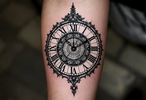 vintage roman numerals within ornate clockwork mechanism tattoo idea